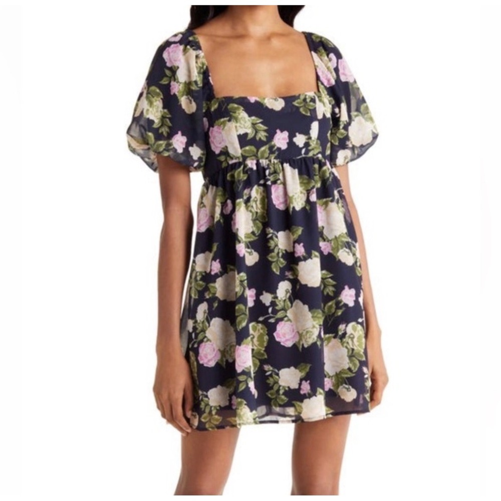 Chelsea 28 Floral Mini Dress Womens L Navy Blue Puff Sleeve Babydoll Summer Boho